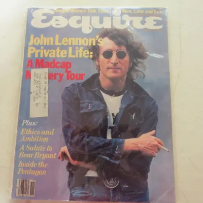 Sale Photo Thumbnail #102: Vintage September 1980 issue of Esquire magazine featuring John Lennon on the cover, encased in a protective plastic sleeve.