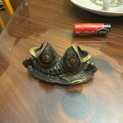 Sale Photo Thumbnail #22: Vintage cast brass or bronze double fish toothpick holder with an aged patina.