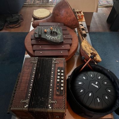 Sale Photo Thumbnail #9: Collection of unique musical instruments including an antique wooden button accordion, a modern steel tongue drum, a small xylophone, and traditional stringed folk instruments.