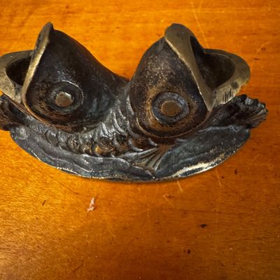 Sale Photo Thumbnail #45: Vintage cast brass double fish pencil holder or toothpick stand with an aged patina.
