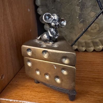 Sale Photo Thumbnail #48: Vintage novelty brass trinket box shaped like a cheese wedge, featuring a metal mouse figure on top.