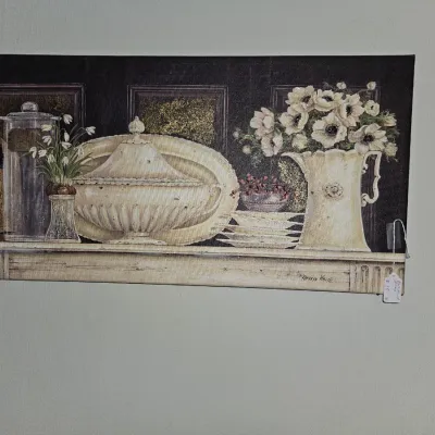 Sale Photo Thumbnail #24: Framed canvas still life wall art by Kathryn White, depicting vintage porcelain dishes and flowers.