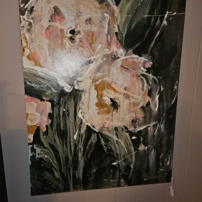 Sale Photo Thumbnail #3: Large unframed contemporary abstract floral painting on canvas featuring heavy impasto brushwork in shades of pink, white, green, and dark grey.