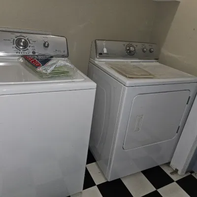 Sale Photo Thumbnail #13: White Maytag Centennial top-load washing machine and matching electric dryer set.