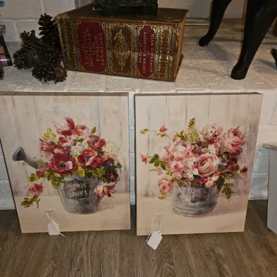 Sale Photo Thumbnail #55: Pair of canvas print wall art pieces featuring floral arrangements in vintage metal containers, depicted in a French country style.