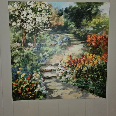 Sale Photo Thumbnail #53: Large unframed canvas print depicting an impressionistic garden scene with a stone pathway and blooming flowers.