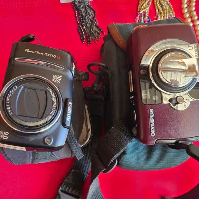 Sale Photo Thumbnail #341: Pair of compact cameras including a black Canon PowerShot SX110 IS digital camera and a burgundy Olympus LT Zoom 105 35mm film camera.