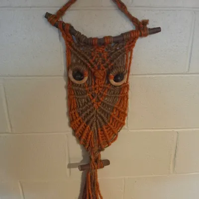Sale Photo Thumbnail #193: Vintage 1970s macramé owl wall hanging featuring brown and orange yarn with wooden ring eyes and twig accents.