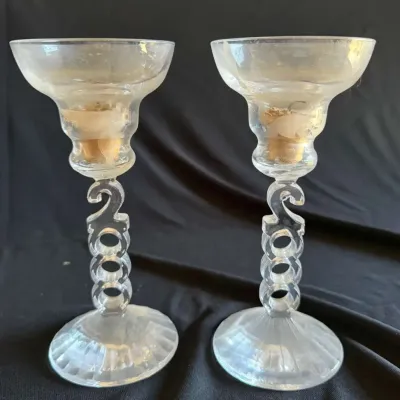 Pair of Vintage Clear Glass Candlesticks, Looped Ring Stem with Scroll Top, Ribbed Round Base