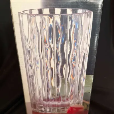 Vintage SECA Crystal Vase 8.5 in (22 cm) in Original Box, Clear Ribbed Glass, Model QQ030/818, Tulip