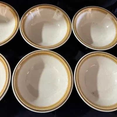 Set of 7 Stoneware Soup Cereal Bowls Beige Speckled Brown Rim Rustic Dinnerware