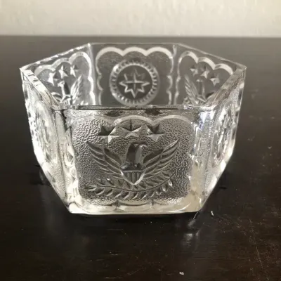 Vintage Clear Pressed Glass Eagle & Star Hexagonal Bowl, Approx. 5”
