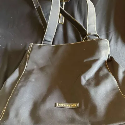 Covington Black Nylon Shoulder Tote Bag, Tan Contrast Stitching, Magnetic Snap, Zip Pockets, Logo