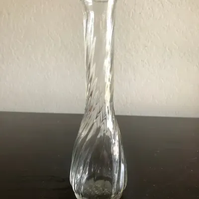 Vintage Clear Glass Bud Vase, Swirl Ribbed Pattern, Tall Slender Neck, Approx. 9.5" Tall