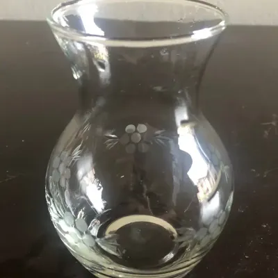 Vintage Etched Glass Bud Vase, Grape Cluster & Leaf Design, Small Round Bellied Vase, Approx. 5"Tall