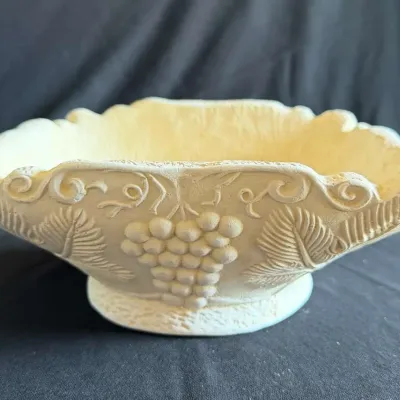 Footed Grape Cluster Centerpiece Bowl, Cream Chalkware-Style, Raised Scroll and Leaf Relief, Scallop