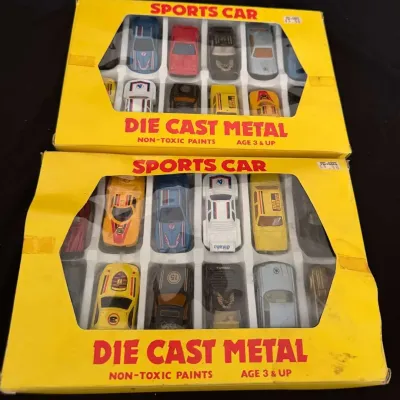 Set of 2 Vintage Die Cast Metal Sports Car Gift Boxes, 10-Car Assortments, Racing Stripes and Number