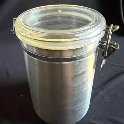 Vintage Brushed Aluminum Canister with Glass Lid and Hinged Wire Clamp, Airtight Seal, Kitchen