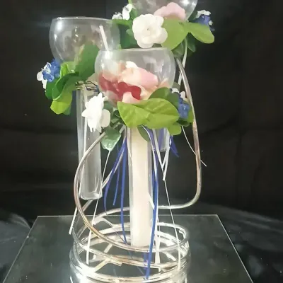 Decorative Floral Centerpiece with Glass Vases and Mirrored Base
