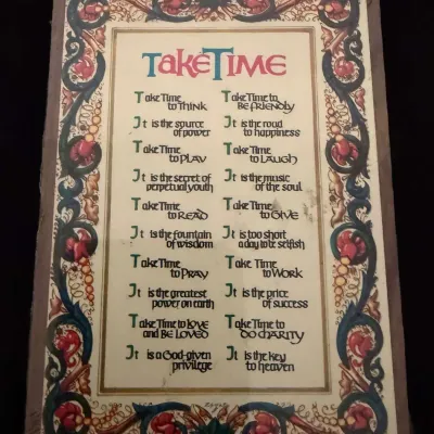 Vintage “Take Time” Wooden Wall Plaque, Ornate Floral Scroll Border, Metal Hanging Loop, Inspiration