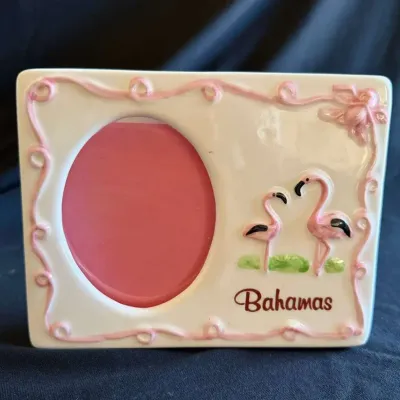 Vintage Bahamas Souvenir Ceramic Picture Frame, Pink Flamingos, Raised Ribbon Border, Oval Photo 