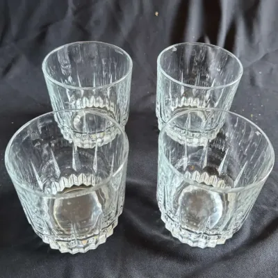 Set of 4 Vintage Cut-Style Rocks Glasses, Clear Pressed Glass, Vertical Panel Pattern, Fluted Base, 