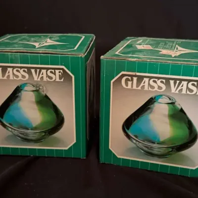 Set of 2 Vintage 1983 The European Collection Glass Vases in Original Boxes Green and Blue Art Glass