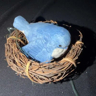 Vintage Porcelain Bluebird Figurine in Woven Twig Nest, Blue and White Bisque Bird, Spring Decor