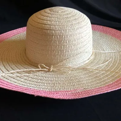 Pink and Cream Woven Straw Sun Hat, Wide Brim, Approx. 16"