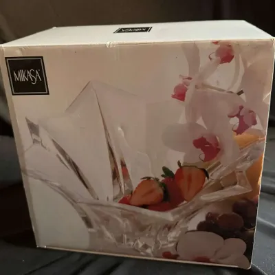 Mikasa Crystal Centerpiece Bowl in Original Box, Clear Faceted Glass, Angular Flared Design