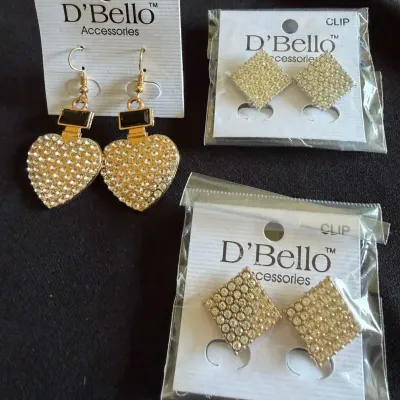 Lot of 3 New D’Bello Accessories Rhinestone Earrings, Gold-Tone Heart Dangles with Black Accent.
