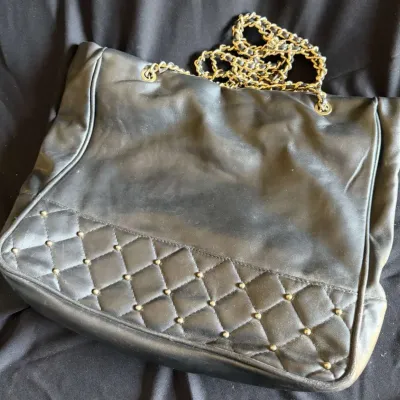 Vintage Black Leather Shoulder Bag, Quilted Gold Stud Side Panel, Woven Chain and Leather Strap, Mag