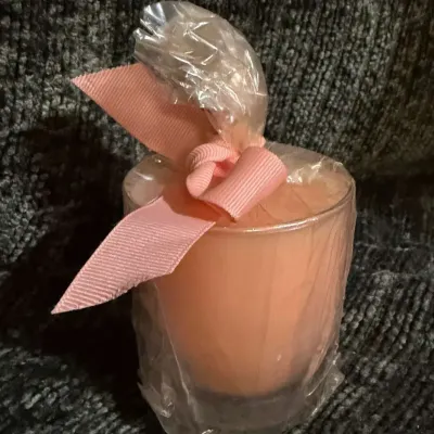 Peach Pink Votive Candle in Frosted Glass Holder, Cellophane Wrapped with Pink Grosgrain Ribbon Bow,