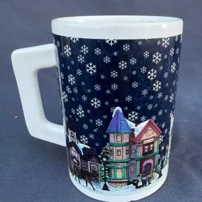 Houston Harvest Winter Village Christmas Mug, Snowy Night Town Scene with City Hall, Navy Blue Ceram