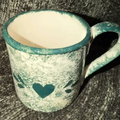 Vintage Green Spongeware Heart Mug, Country Farmhouse Stoneware Coffee Cup, Hunter Green Speckle wit