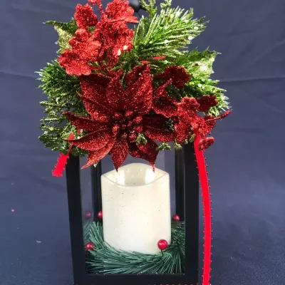 Black Holiday Lantern with Flameless Pillar Candle, Glittered Red Poinsettia and Holly Topper, Pine 