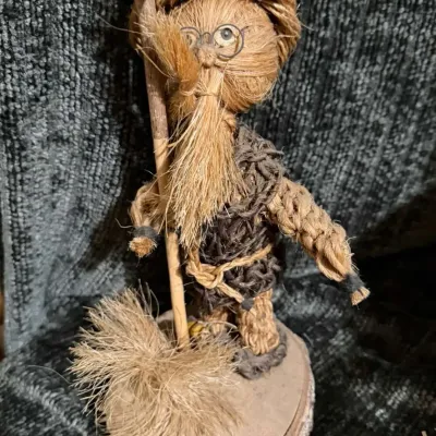 Vintage Handmade Natural Fiber Gardener Figurine with Rake and Broom, Rope and Sisal Folk Art, Glass