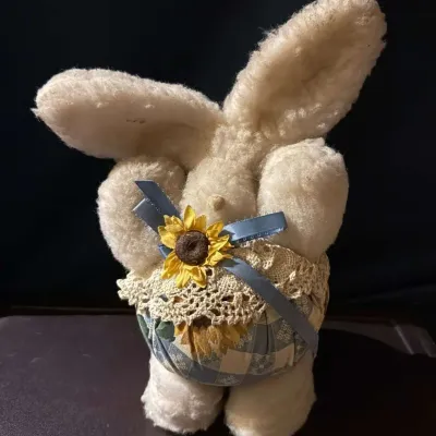 Handmade Plush Bunny with Sunflower Gingham Bottom, Lace Trim, Blue Ribbon, Sunflower Accent, 10 in