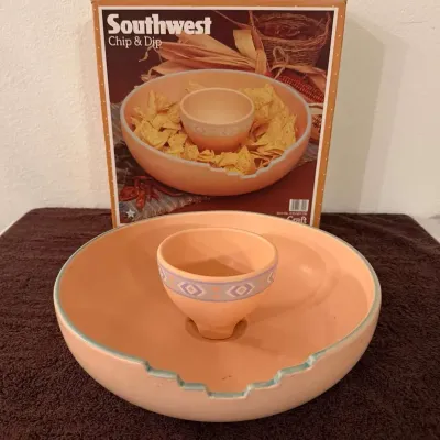 Vintage Treasure Craft Southwest Chip & Dip Set, Peach Pottery Bowl with Footed Dip Bowl, Original