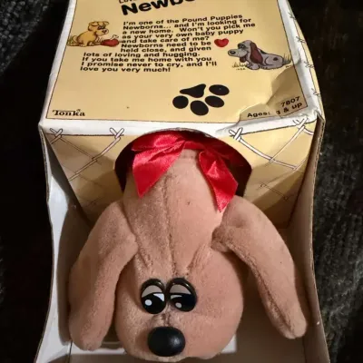 Vintage 1985 Tonka Pound Puppies Newborns #7807 Tan Plush Puppy with Red Bow, Original Box