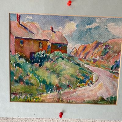 Sale Photo Thumbnail #139: Original signed impressionist watercolor landscape painting depicting cottages along a winding dirt road, mounted on a paper mat.