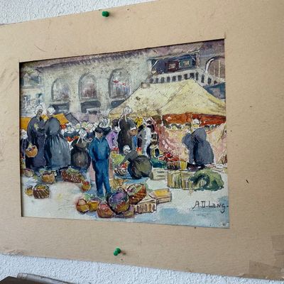 Sale Photo Thumbnail #178: Matted watercolor painting depicting a lively European marketplace scene with figures and market stalls, signed A.D. Lang in the lower right corner.