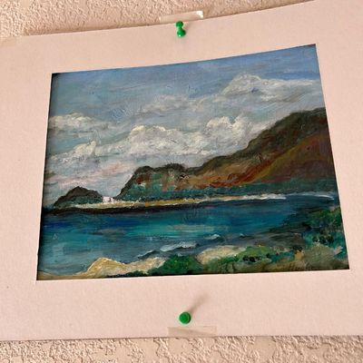 Sale Photo Thumbnail #149: Original impressionistic oil painting on board depicting a coastal mountain landscape, mounted in a white paper mat.
