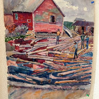 Sale Photo Thumbnail #146: Unframed watercolor painting on paper depicting workers at a log driving yard or sawmill next to a red barn, pinned to a wall.