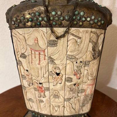 Sale Photo Thumbnail #28: Vintage Asian carved bone flask featuring polychrome detailed village scenes, brass fittings, and cabochon turquoise inlay.