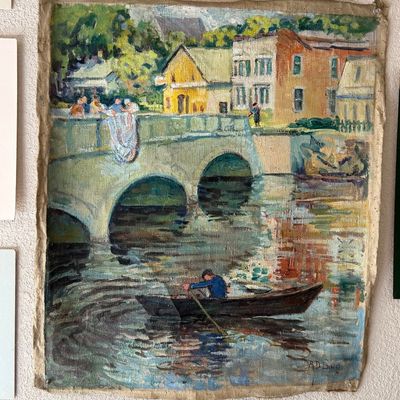Sale Photo Thumbnail #142: Unframed impressionist oil painting on canvas depicting a rower under a stone arch bridge, signed by the artist in the lower right.