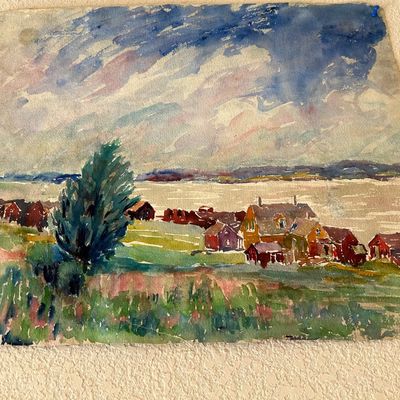 Sale Photo Thumbnail #148: Original unframed watercolor landscape painting depicting a coastal village with colorful houses under a cloudy sky.