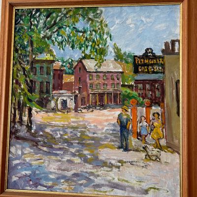 Sale Photo Thumbnail #176: Framed impressionist-style oil painting depicting a vintage town street scene with figures and buildings, presented in a wooden frame.