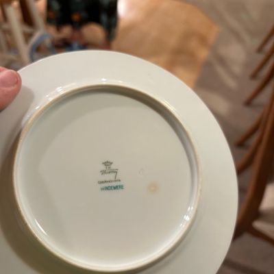Sale Photo Thumbnail #42: Underside of a vintage T. H. Thierry Czechoslovakia porcelain plate in the 'Windemere' pattern, displaying the maker's mark and pattern name.