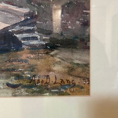 Sale Photo Thumbnail #57: Detail shot of an original watercolor painting, signed by artist Ada D. Lang and dated '33, presented in a mat frame.